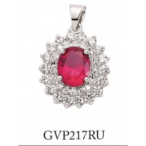 Silver Cubic Zirconia Cluster Pendant With Synthetic Ruby Stone Centre
