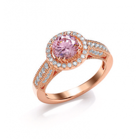 Rose Gold Over Silver C/Z & Pink Synthetic Sapphire Ring