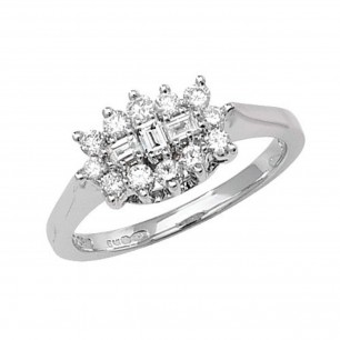 9ct White Gold Half Carat Round And Baguette Diamond Cluster Ring